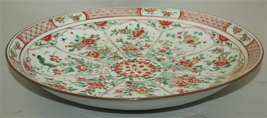 A Chinese famille verte dish, Kangxi period, 35cm, slight wear